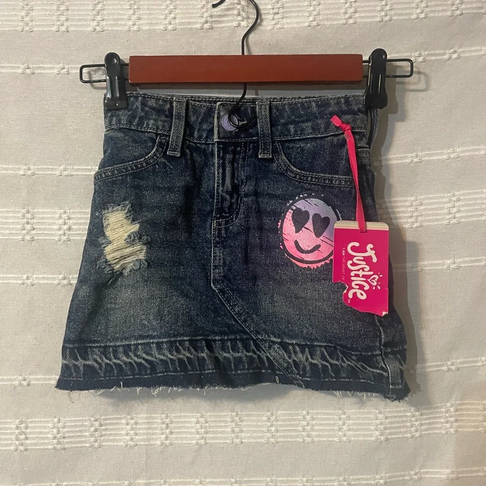 Justice Girls' Dark Wash Denim Skirt with Pink Smiley